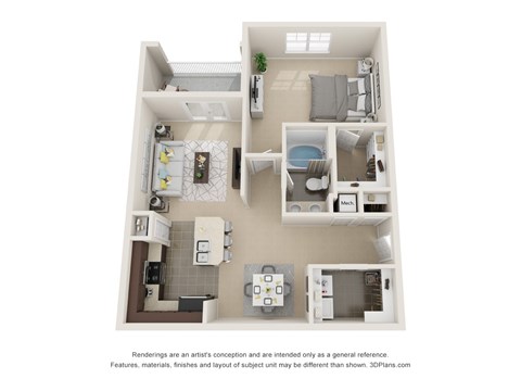 A 3D floor plan of a small apartment with a kitchen, living room, and bathroom.